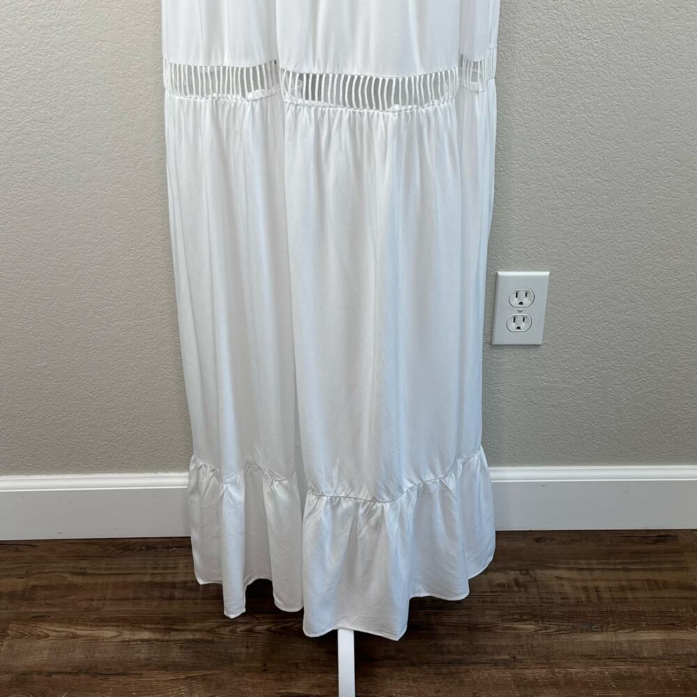 White Lace Floral Embroidered Plunge Ruffle Sleeve Boho Cottage Maxi Dress S New - Picture 10 of 16